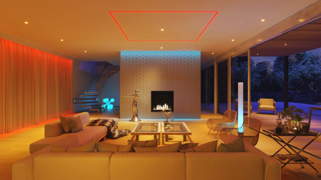 APP Living Room & Terrace - TruQuad, Epic Downlights, Cirrus Wall Grazer 2000K Cyan Red