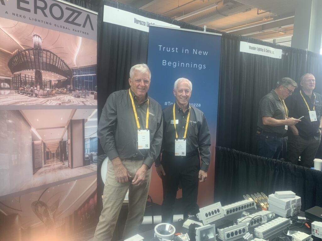 Verozza team members John Sena (sales manager, left) and Eric Borden (CEO) at their Light! Design Expo booth. Borden commented: “This was our first year exhibiting at Light! Design Expo. Even though we don’t currently have representation in Northern California, the interest from attendees in Verozza’s products was evident. We’ll definitely participate at this showcase again!”