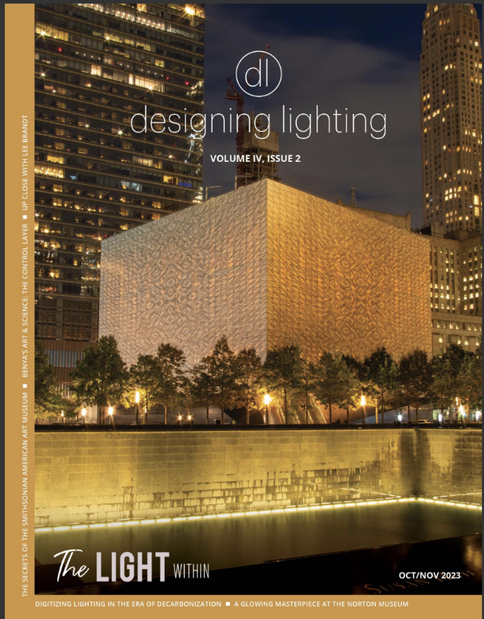 OCT/NOV issue of designing lighting magazine featuring the Perelman Center on the front cover.