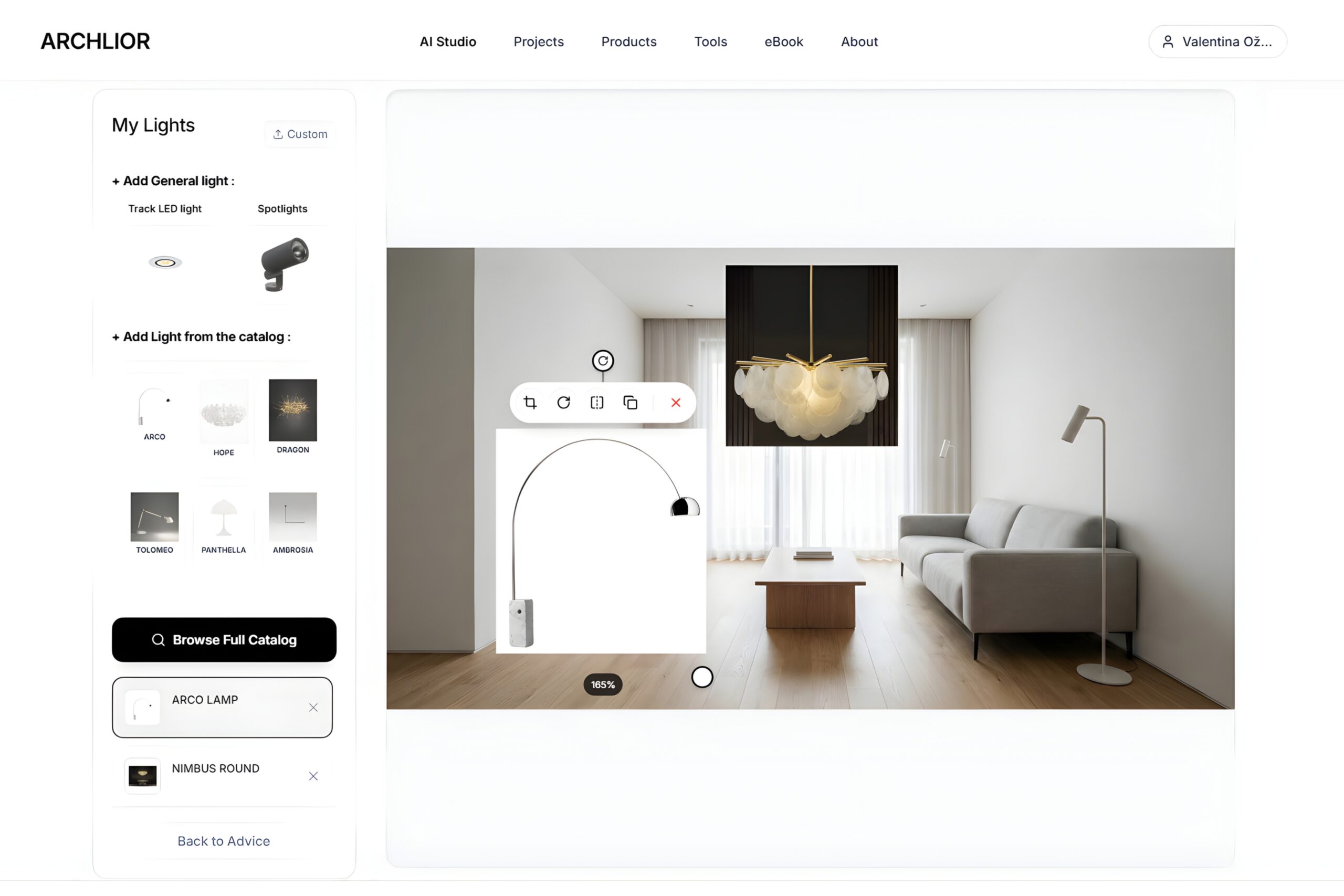 The user ads luminaires to the photo