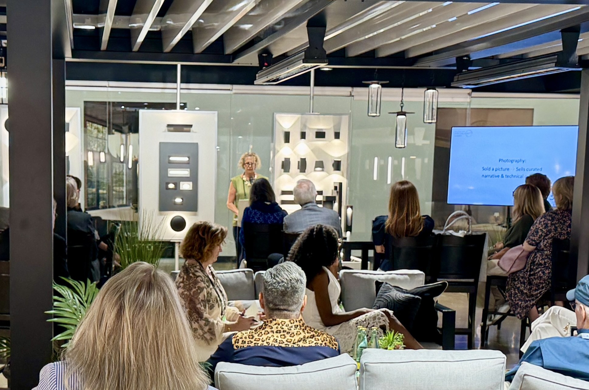 Andrea Hartranft delivers the closing keynote at the ArchLIGHT Summit in the Europfase showroom